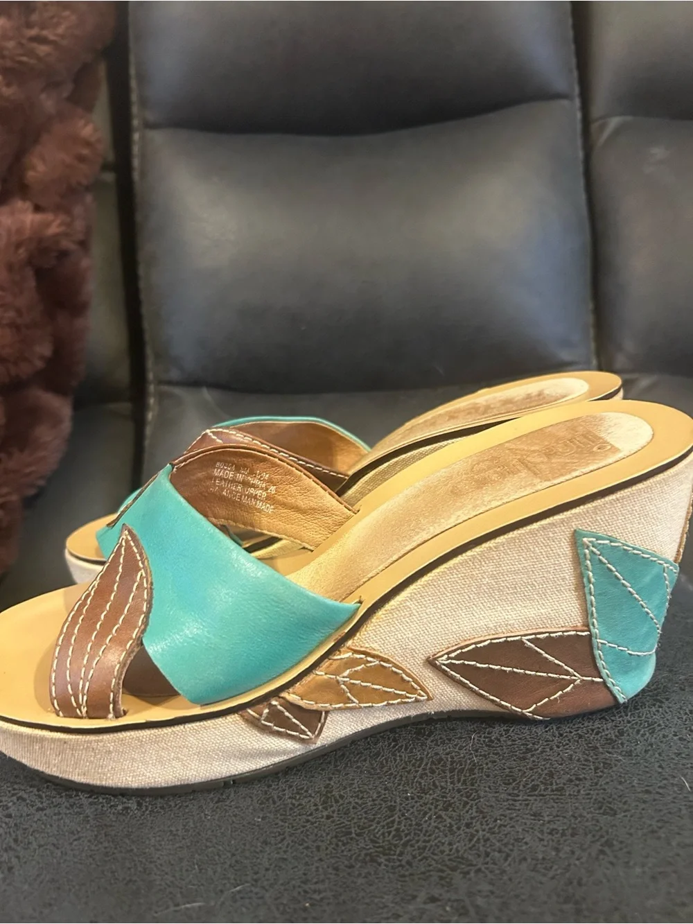 Rare! Indigo by Clark Wedge Slide Sandals in Teal and Brown Size 8